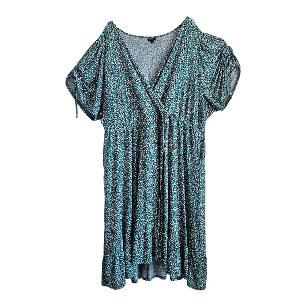 TORRID 6 Women's 30 Dress Midi V-Neck Green Pink Black Dots Faux Wrap Jersey